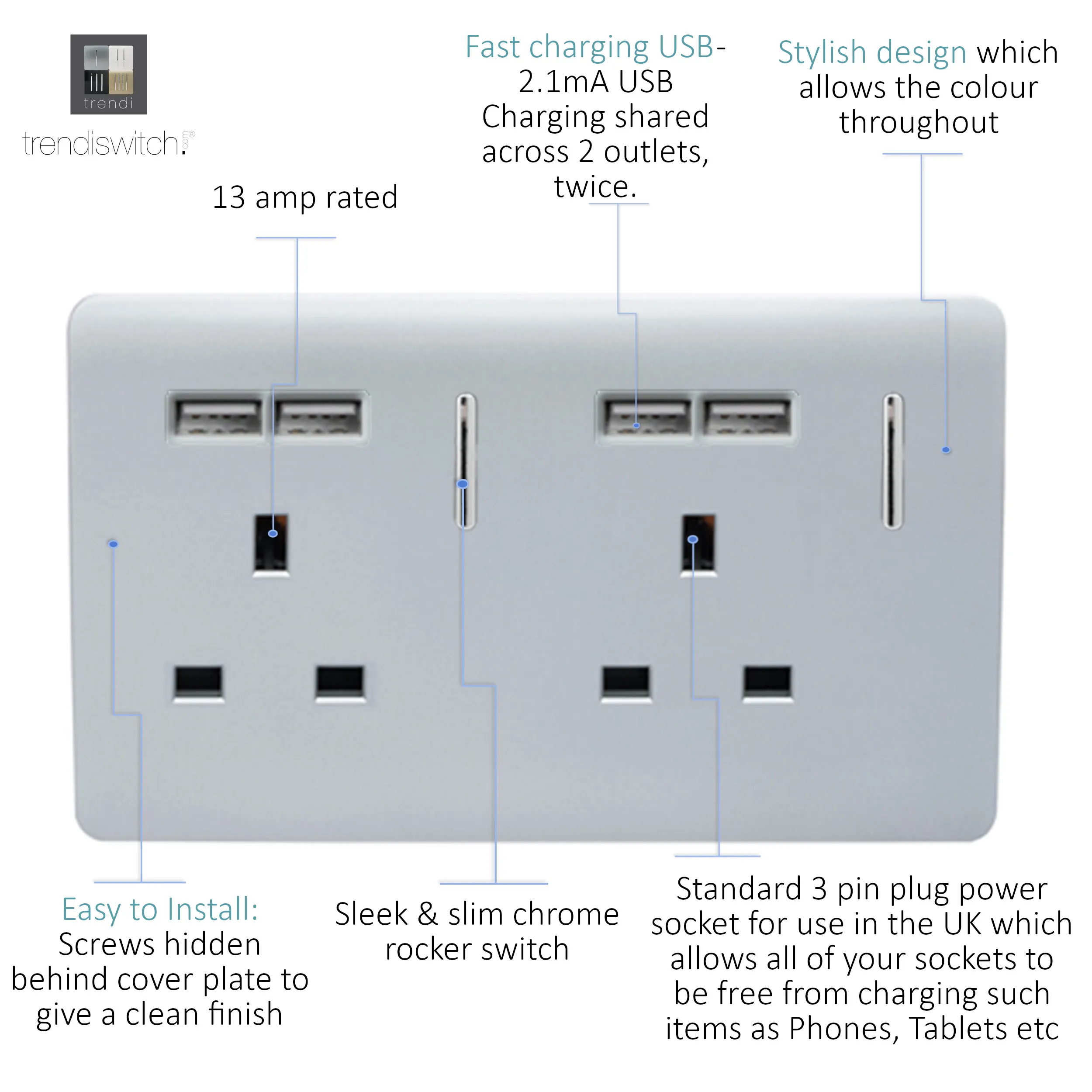 2 Gang 13Amp Switched Double Socket With 4X 2.1Mah USB Silver ART-SKT213USBSI  Trendi Platinum Silver